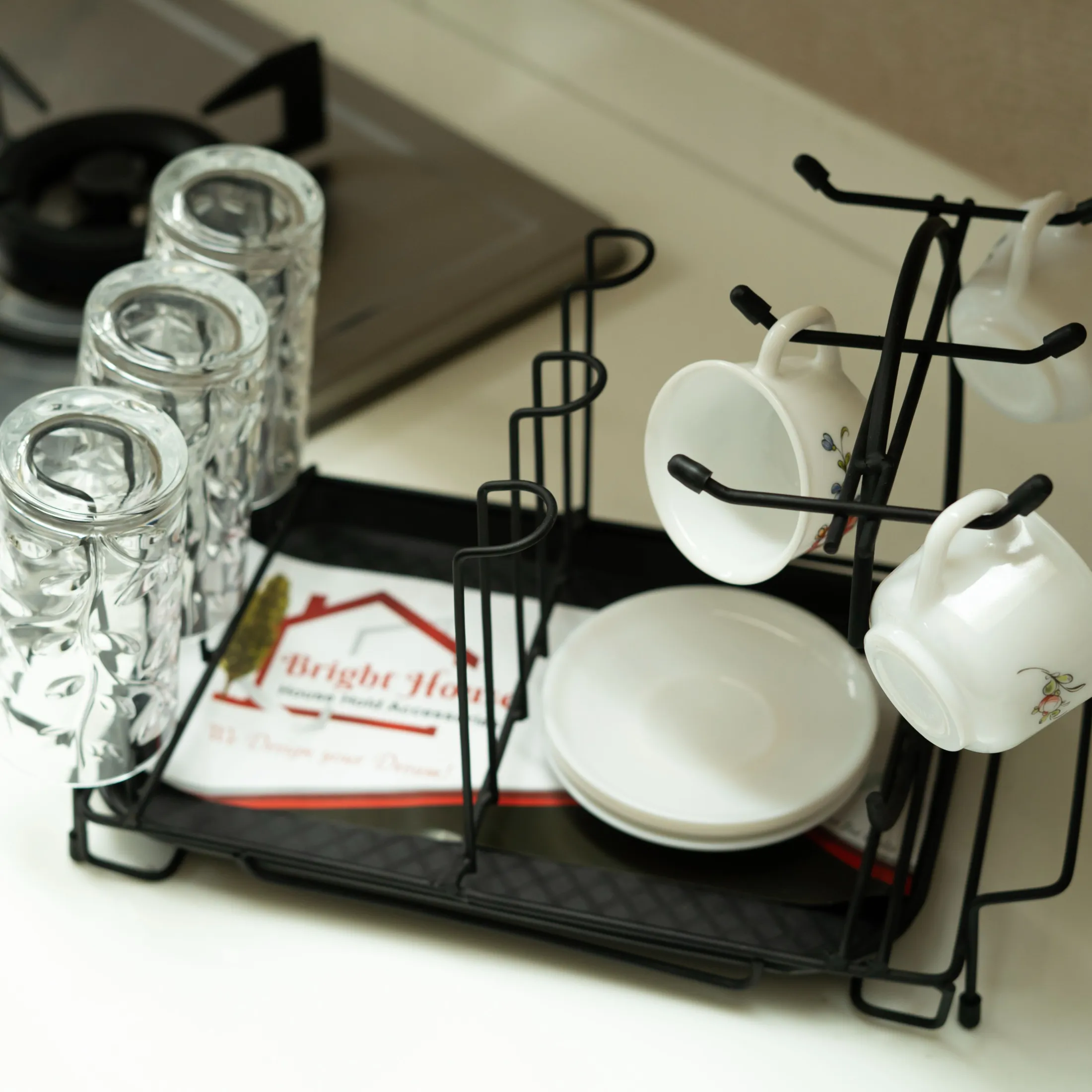 6 Glasses and Cup Holder Stand with Tray for Kitchen