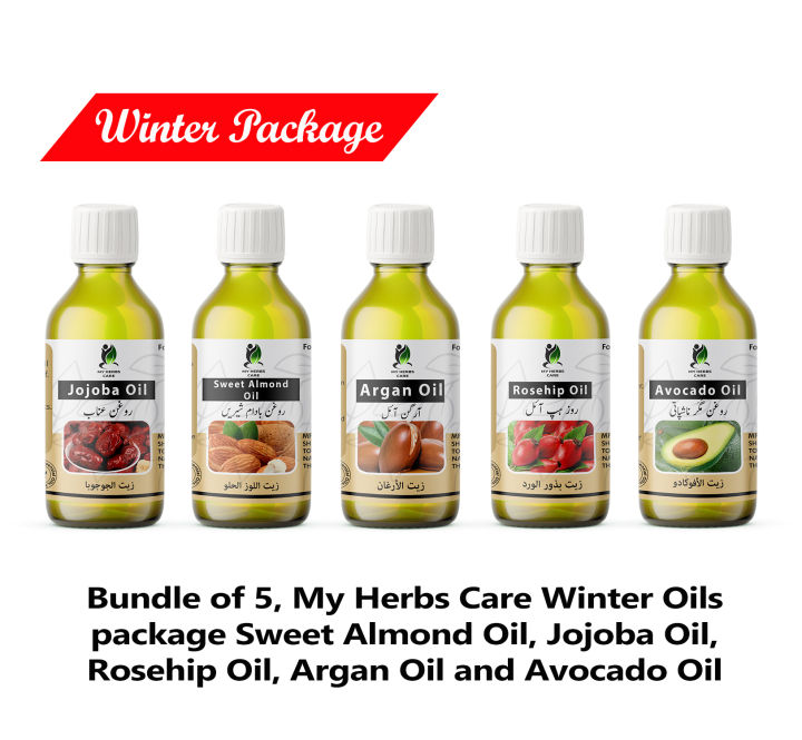 RAASH TRADERSWinter Oils package Sweet Almond Oil, Jojoba Oil, Rosehip Oil, Argan Oil and Avocado Oil