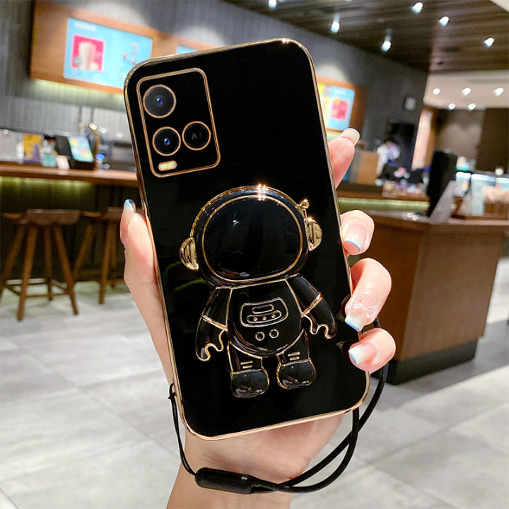 COROGI%20for%20Vivo%20Y21%20Back%20Cover%20Cartoon%20Astronaut%20Folding%20Stand%20Stylish%206D%20Plating%20Square%20Bumper%20Case%20with%20Lanyard%20Soft%20Silicone%20Phone%20Cases%20Covers%20Pouch%20for%20Girls%20Boys%20-%20Image%203