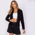 Black Regular Fit Short Body Denim Jacket For Women - Casual Outdoor Wear. 