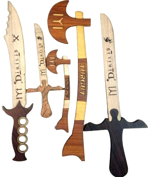 Pack of 5 Ertugrul Toys Collection - Wooden Sword and Axe Action Toys for Boys and Girls - Turgut Drilis IYI
