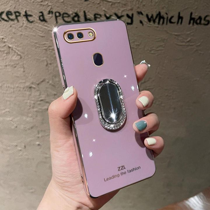 For OPPO A7 Back Cover + Rhinestone Ring Holder Stand Shiny Plating Square Bumper Girls Phone Case Soft TPU Silicone Shockproof Protective Cover