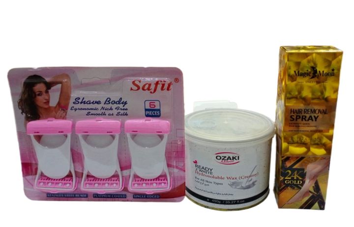 Hair Removal Kit For Girls - Deal of 1 Pack of 6 Saffit Razors, 1 Ready to White Hydro soluble Body Wax, 1 24k Gold Hair Removing Spray Bundle