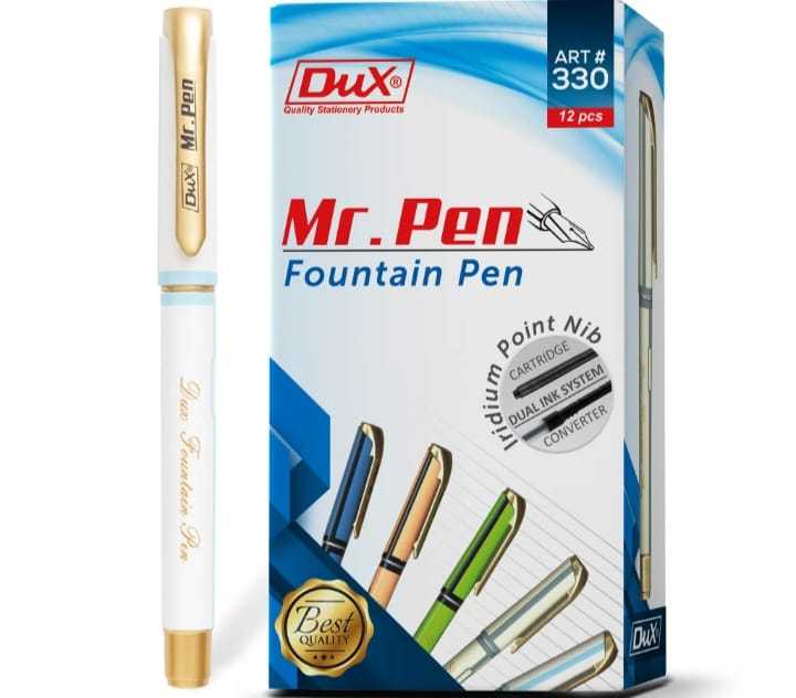 Dux Mr.Pen Art # 330 1PCS The DUX Pen is a stylish, modern writing instrument with contemporary style

Iridium Tipped Nib

Stylish Design

Ideal Writing Instrument for students and office use

Best Writing Flow

Smooth Grip

Available in different colors