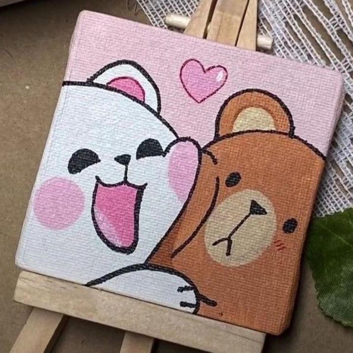 Dreamy designs small pink cute bears painting on canvas 4x4 size acrylic painting art and crafts hand painted painting  painting hand painting canvas wall decor decoration items gift items