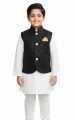 KIDS FOR Boys Fashion Clothing 4 Pieces Suits (Kurta Shalwar Waist coat and Brooch) Kids Fashion Age- 1 To 12 Years-WHITE SUIT AND BLACK SEQUIN WAIST COAT. 