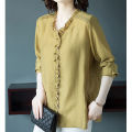 Women Shirt Comfortable Linen Cotton Solid Color Pleated Lace Stylish V-neck Long-sleeved Simple Loose Pullover Bottoming Shirt. 