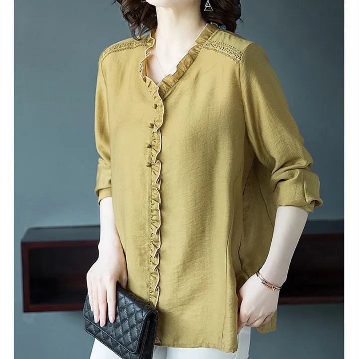 Women%20Shirt%20Comfortable%20Linen%20Cotton%20Solid%20Color%20Pleated%20Lace%20Stylish%20V-neck%20Long-sleeved%20Simple%20Loose%20Pullover%20Bottoming%20Shirt%20-%20Image%206