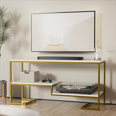 TV Stand for 53 Inch TV, Modern Gold TV Console with Open Storage Shelves, TV Media Stand with White Faux Marble Veneer, Metal Entertainment Center for Living Room, Bedroom, Gold