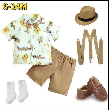 Baby Boy's Safari Theme Birthday Outfit Summer Toddler Boy Clothing 2PCS Set Kids Cartoon Boys Gentleman Clothes Suit Cotton Sunsuit 6-24 Months