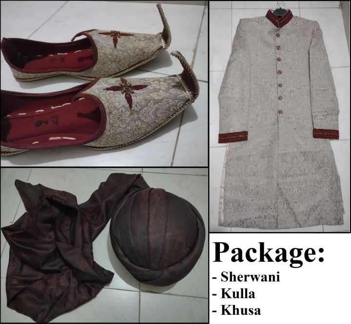 High Quality Dulha Sherwani 2025 Sherwani For Groom Sherwani For Dulha Wedding Dress For Baraat Dress And Nikkah Suit With Mathching Groom kullah - Kulla - Turban and Khosa/Khusa/Khussa