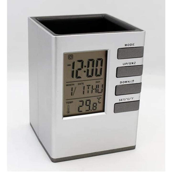 AlBizCo. Desk Organizer Table Clock Digital Pen Holder Alarm Clock Multipurpose