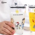 450ml Glass Milk Cup Cartoon Juice Cup Breakfast Coffee Mug With Straw. 