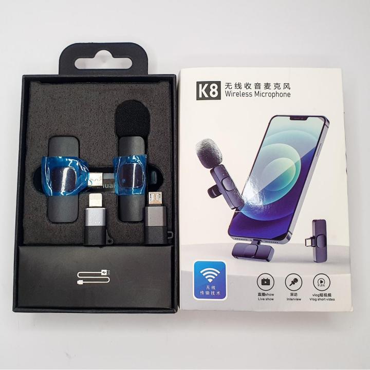 Wireless MIC K8 3in1 MICROPHONE Vlogging Mic with Microphone Accessories Video for Type C Android Micro, IOS Lightining & 3.5mm Jack