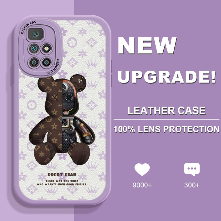AMORVOR for Redmi 10 Back Cover Fashion Robot Bear Print PU Leather Case Soft Silicone Edge Phone Cases