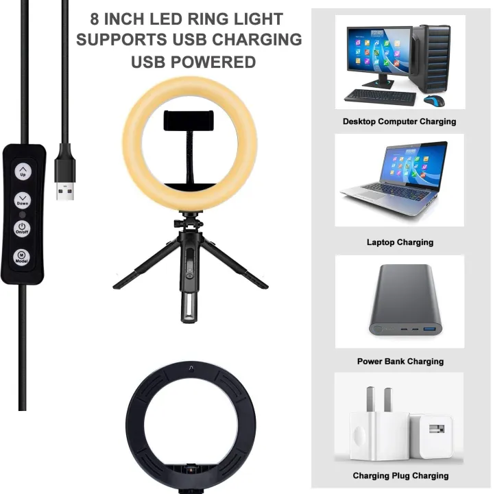 Petdal%208%20inch%20LED%20Ring%20Light%20With%20Tripod%20Stand%20and%20Phone%20Holder,%20Dimmable%203%20Color%20Modes%20&%2010%20Brightness%20USB%20Powered%20Desk%20Selfie%20Makeup%20Ring%20Light%20for%20Live%20Streaming,%20YouTube,%20Video%20Shooting,%20Vlog%20-%20Image%202