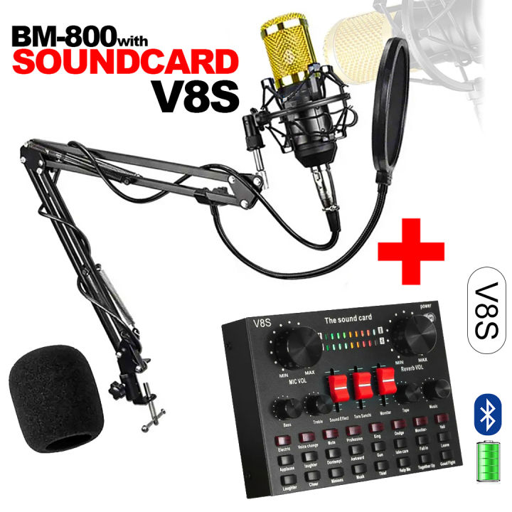 BM800 Condenser Microphone With V8S Sound Card & Complete Equipment | Condenser Microphone Full Kit for Studio Recording, Broadcasting Live streaming & Microphone for YouTube & Gaming