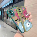 dienya For OPPO Reno 4F Case Frosted Transparent Hard Phone Case Cartoon Cute Monster Side Square Edge Casing Full Cover Camera Silicone Softcase Shockproof Protection Cases. 