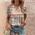 Vintage V-Neck Women's T-Shirt Summer Short Sleeve Tee Casual Haruku Stripe Print T Shirt for Women Streetwear Pullover Tops. 
