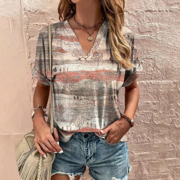 Vintage V-Neck Women's T-Shirt Summer Short Sleeve Tee Casual Haruku Stripe Print T Shirt for Women Streetwear Pullover Tops