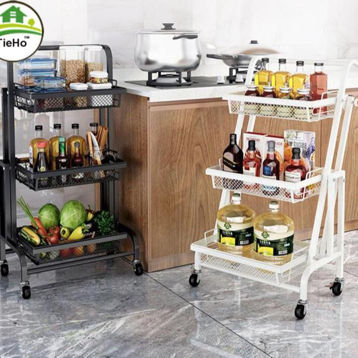3 Tier Foldable Kitchen Cart, Rolling Utility Cart with Handle, Storage Shelf Rack with Wheels, Storage Trolley Service Cart, Metal Mesh Storage Shelf for Bathroom, Office, Coffee Bar, White, Black