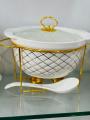 England High tech  Fancy Ceramic 26 square Soup Bowl Gift Set with  Soup Bowls/ with Handles, Gold Stand & Lid. 
