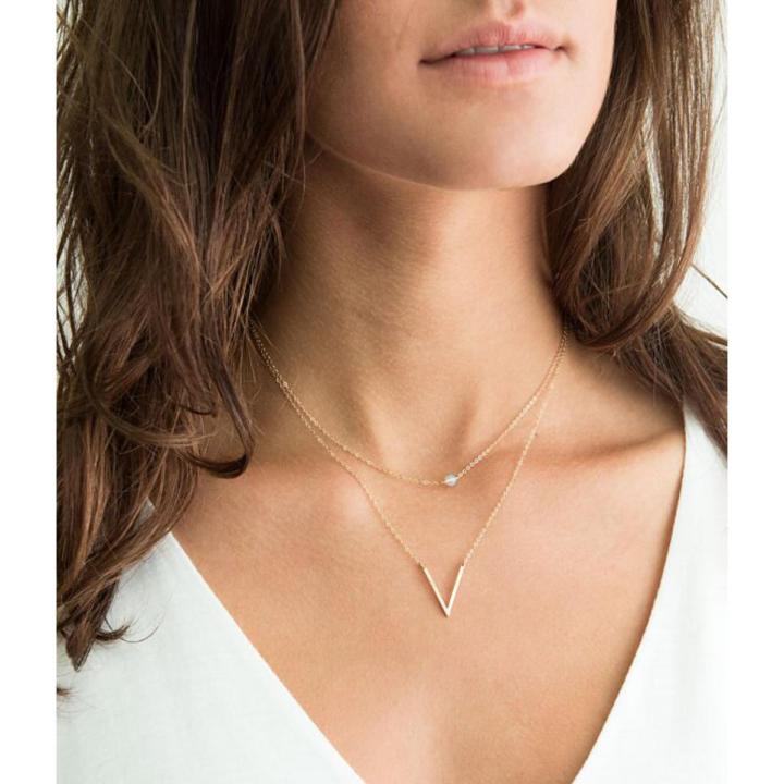 【happy one】Simple V-shaped Pendant Crystal Necklace Multi-layer Clavicle Necklaces for Fashion Neck Jewelry XL894