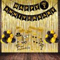 Happy Anniversary Gold & Black Decoration Set With Banner Curtain & Balloons. 