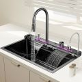 Kitchen Sink Digital Display Embossed Large Single Groove honeycomb dragon Black Nano Raindance Waterfall Sink with Pressurized Cup Washer and Two Waterfalls. 