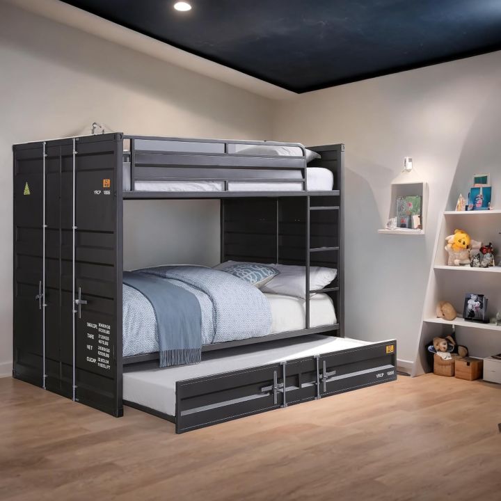 Contemporary  Cargo Container Bunk Bed with Built-in Ladder and Full Length Guardrail on Top,  High Quality  Metal Bunk Bed