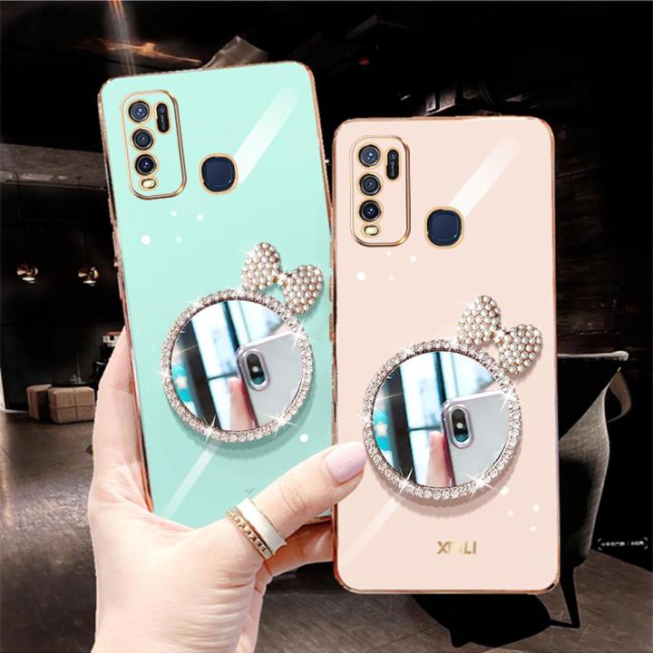 LECOMES for Vivo Y30 Back Cover with Bowknot Makeup Mirror Luxury 6D Plating Shiny Phone Case Soft Silicone Square Mobile Cases Pouch for Girls Boys