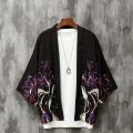 Casual Kimono Haori For Men Japanese Fashion Male Kimonos Samurai Crane Printed Shirt Men's Plus Size Clothes. 
