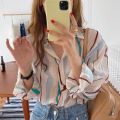 Women Summer Striped Printing Shirt Contrast Color Pleated Blouse Loose Long Sleeve Tops. 