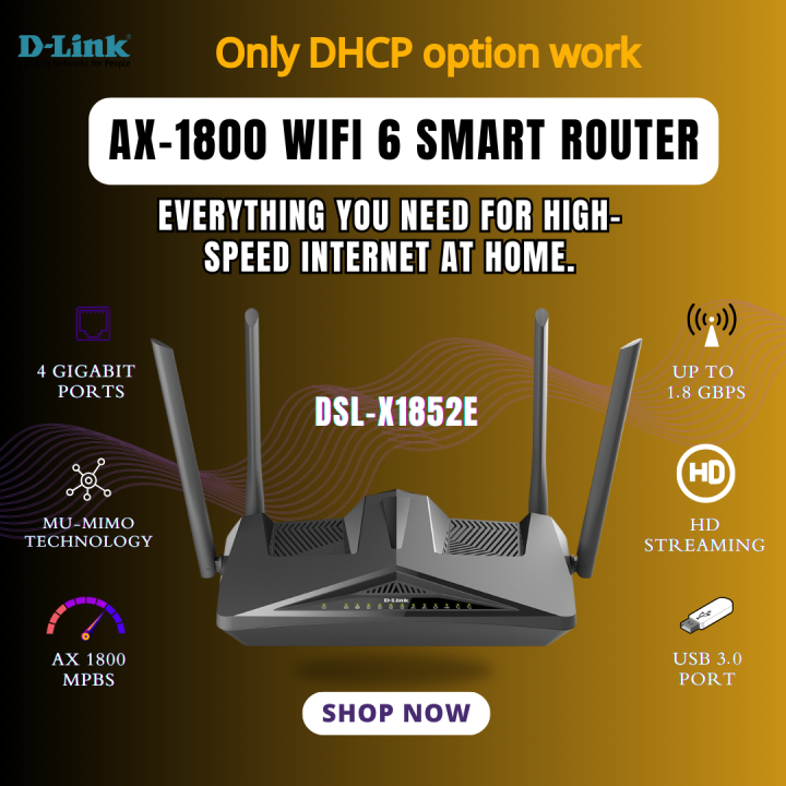 D-Link AX1800 Dual-Band WiFi 6 Gaming Router (Renewed) DSL-X1852E with ...