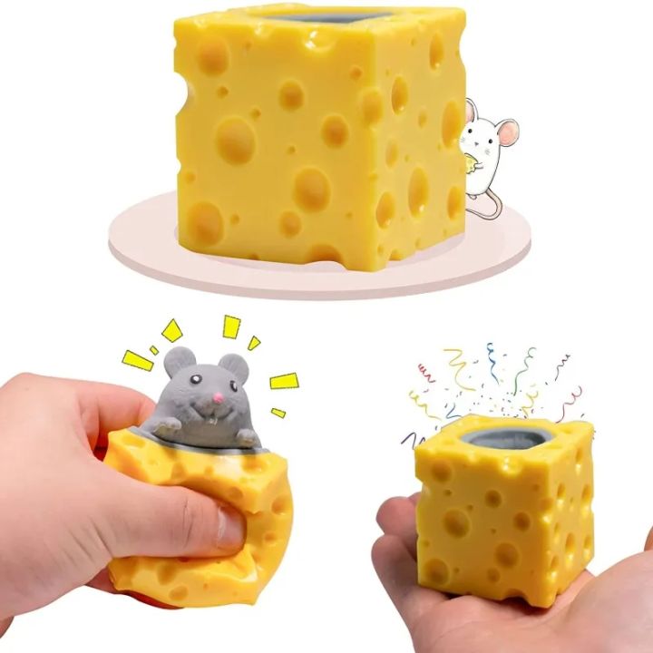 Pop up Funny Mouse and Cheese Block Squeeze Anti-stress Toy Hide and Seek Figures Stress Relief Fidget Toys for Kids Adult