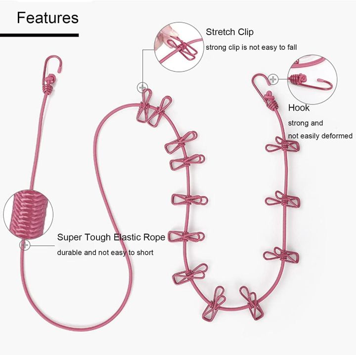 Multifunctional Rope Multi Functional Portable Drying Rope with 12 Clips and 2 Hooks, Travel ...
