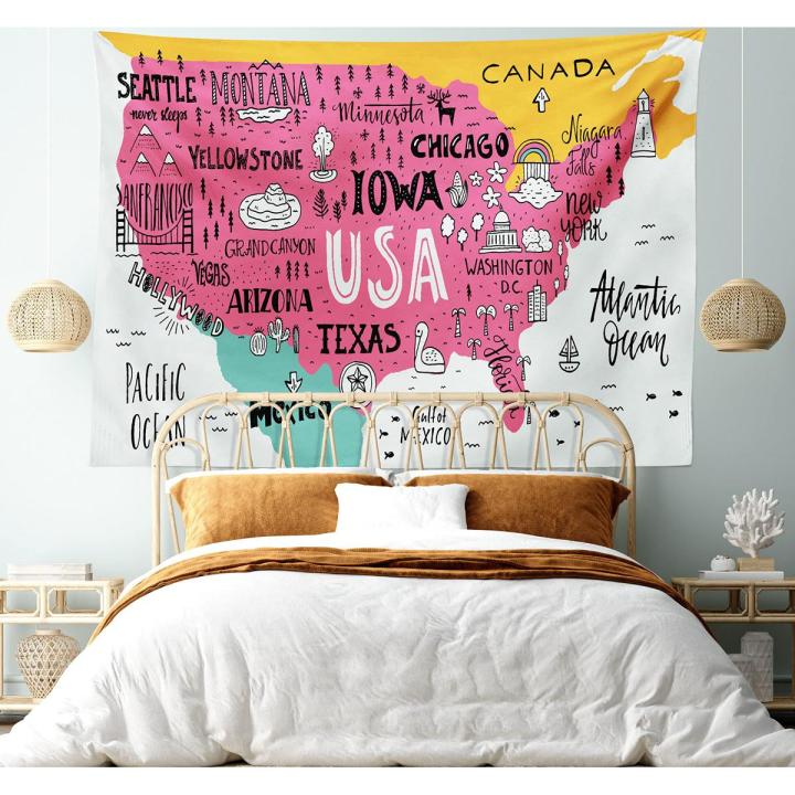 United States Map Tapestry Cartoon America USA State Distribution Colorful Educational Tapestry Wall Hanging for Kids Bedroom