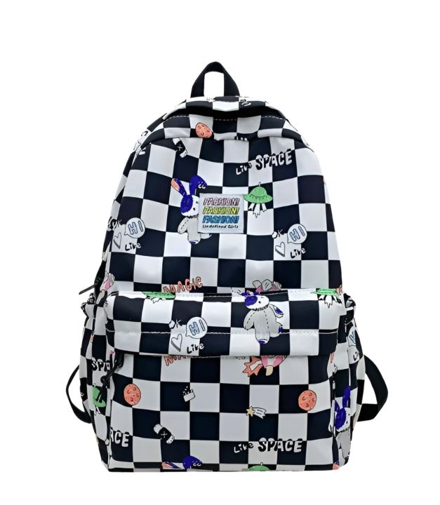 Izzy Classic preppy checkerboard and letter print zipper backpack With ...