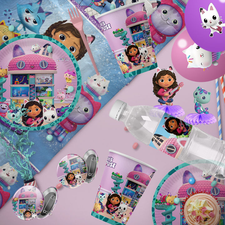 Gabby Dollhouse Theme Birthday Party Decorations Cake Topper Birthday CUP PLATE Straw Swirls Stickers KidsParty Supplies Decor