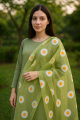 Hand-Painted Floral Dupatta in Olive Green – Sheer Organza Elegance with White & Orange Daisies | Perfect for Festive & Summer Looks | Custom-Made Just for You. 