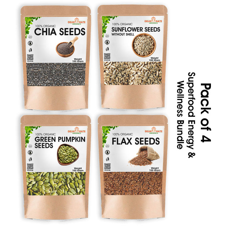 Bundle of 4 – Pumpkin Seeds, Sunflower Seeds, Flax Seeds (Alsi ke Beej) & Organic Chia Seeds | Superfood Combo for Weight Loss, Protein & Energy | Delhi Gate Organics