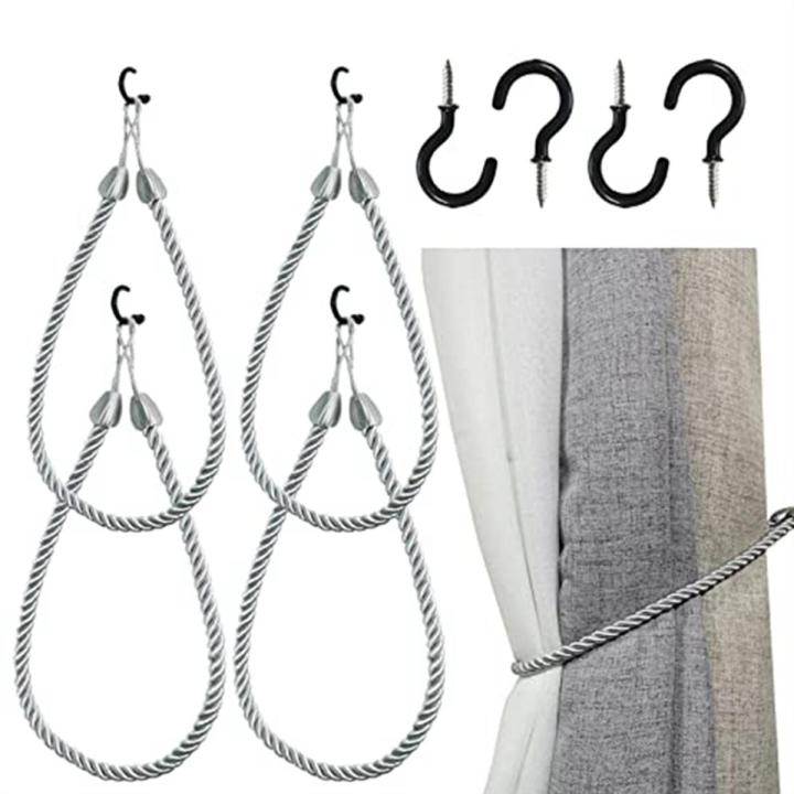 Curtain Tiebacks Ropes Metal Holders Cord for Thin or Thick Window Drapes 4 Pack Curtain Holdbacks with 4 Metal Screw Hooks Silver