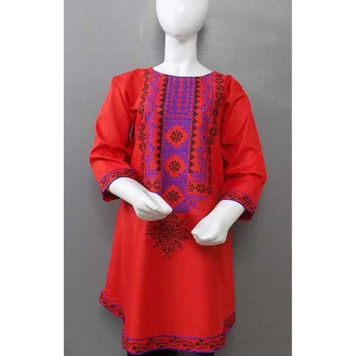 Elegant Front Back Embroidered Jacquard Pure Red Colour Kurti For Young Girls Age Between 6-14 Years