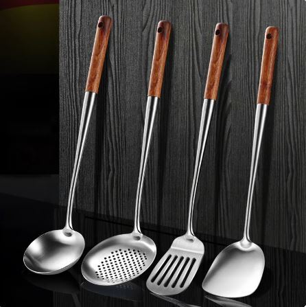 Techmanistan Stainless Steel Cooking Spoons With Wooden Handle, Turner Spatula Stainless Steel Wok Spatula Wok Spatula Ladle Skimer Ladle