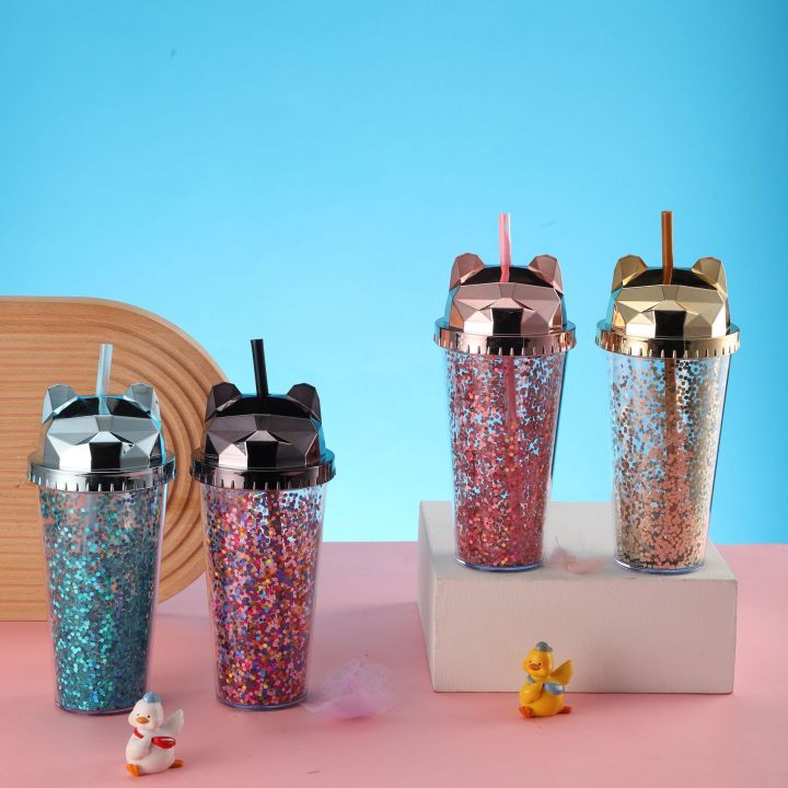14oz Glitter Water Bottle Double Layer Tumbler With Straw Water Bottles