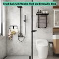 Towel Racks for Bathroom Wall Mounted Rack with Wooden Shelf & 3 Hooks, Holder Small Decor, Bath Storage Rolled Towels Organizer, Black All Black. 