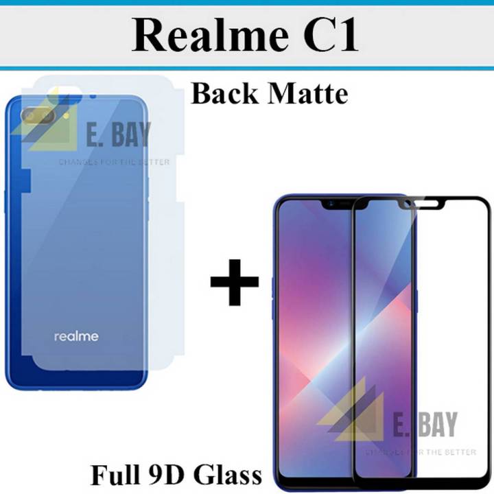 Realme C1 Full Black 9D|5D|6D|10D|11D|21D Tempered Glass Screen Protector Full Glue Edge To Edge + Back Matte Protector Soft Skin Sheet Soft Film Protection For Realme C1