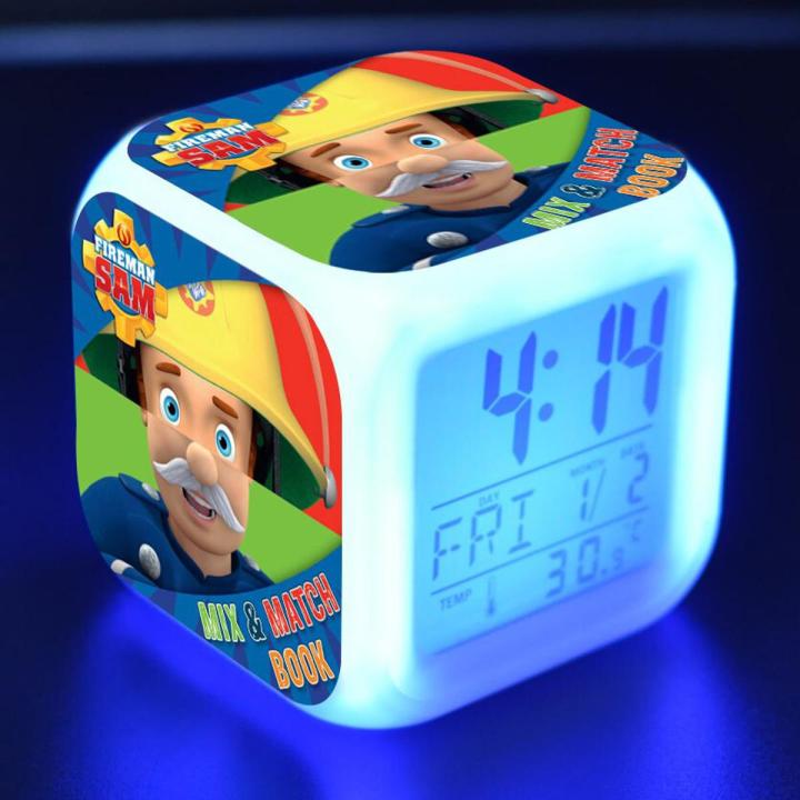 Cartoon Toys Kids Alarm Clock Fireman Sam LED Color Changing Digital Clock Desk Night Wake Up Light Glowing Electronic Reveil