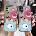 dienya For OPPO Reno 4F Case Frosted Transparent Hard Phone Case Cartoon Cute Monster Side Square Edge Casing Full Cover Camera Silicone Softcase Shockproof Protection Cases. 
