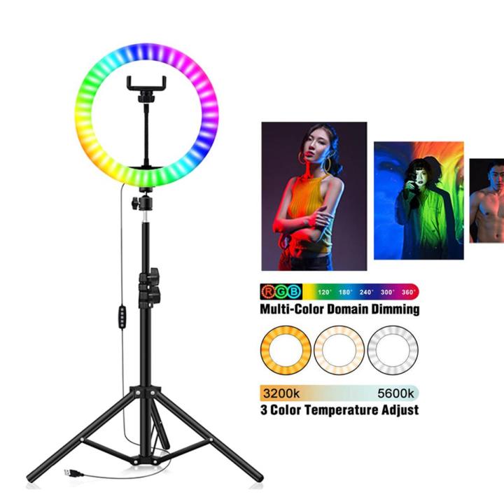 RGB LED Soft Ringlight 16 Spectrum 26 cm /10 inches With 7.5ft Metal Tripod Stand And Mobile Holder Black
